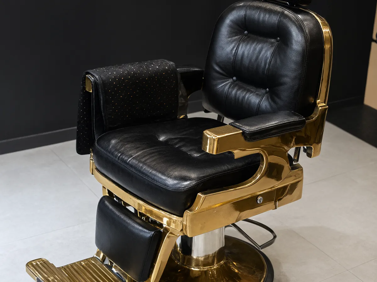 A black leather barber chair with a gold footrest and base and a gold-dotted black cape folded over the arm