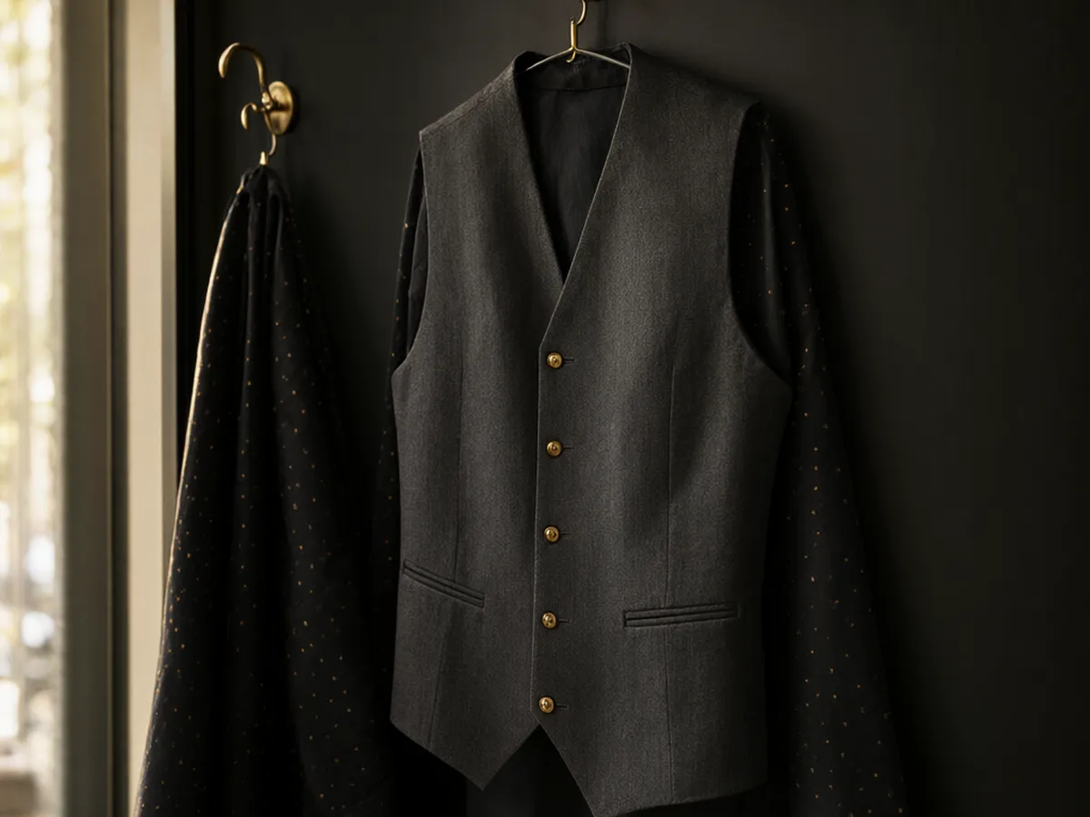 A charcoal tailored barber's vest and a gold-dotted black cape on brass hooks on a black wall