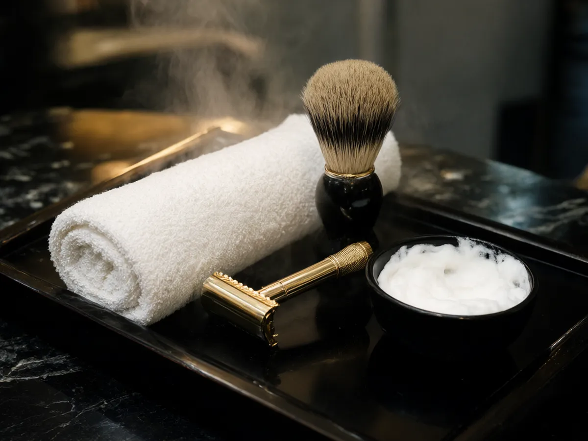 A steaming hot towel, a gold safety razor, a shaving brush and a bowl of lather on a black tray